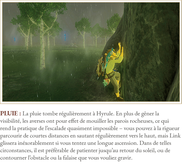 Pluie : La pluie tombe régulièrement à Hyrule  En plus de gêner la visibilité, les averses ont pour effet de mouiller   
