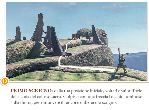 Primo scrigno: dalla tua posizione iniziale, voltati e vai sull orlo della coda del colosso sacro  Colpisci con una f   